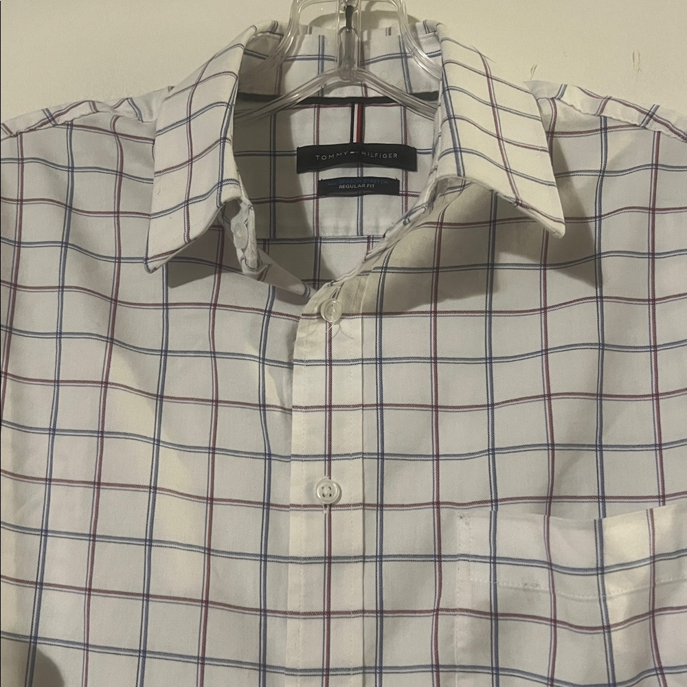 Tommy Hilfiger white w/blue &red plaid long sleeve shirt. Regular fit stretch - Picture 2 of 8